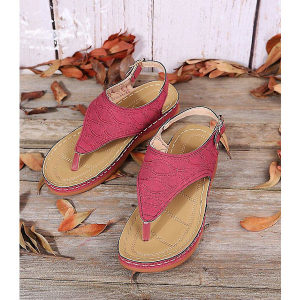 Dam Solid Färg Broderade Flip Flop Sandaler Strandtofflor 086 Red EU 44