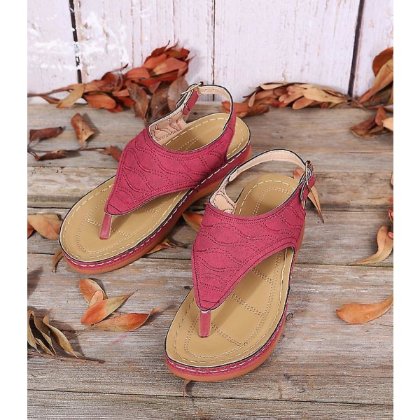 Naisten Yksiväriset Kirjailtu Flip Flop Sandaalit Rantakengät 086 Red EU 37