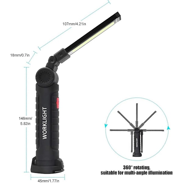 Cob LED Arbejdslampe, Størrelse L, USB Genopladelig Lommelygte Med Magnetisk Base, 360 Graders Rotation Og 5 Lysindstillinger Bærbar Inspektionslampe Handy Lommelygte,