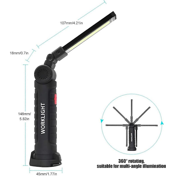 Cob Led -työvalo, koko L, USB-ladattava taskulamppu magneettijalustalla, 360° kääntyvä ja 5 valaistustilaa, kannettava tarkastusvalo, kätevä taskulamppu