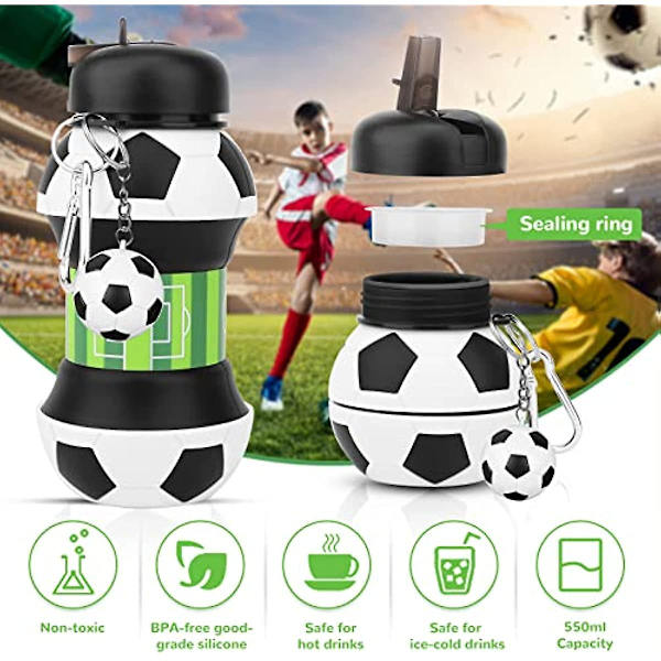 Fotballdinosaur Nøkkelring 550ml Sammenleggbare Vannflasker for Barn med Tut for Skole BPA-fri Lekkasjesikker Silikon Drikkeflaske for Jenter Gutter