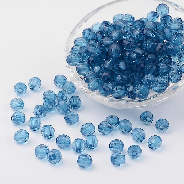 200 kpl Läpinäkyviä akryylihelmiä, viistehiottu pyöreä, Dodger Blue, 8 mm, reikä: 1,5 mm