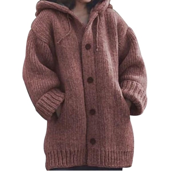 Hættetrøje til Kvinder Strikket Sweater Efterår Vinter Mellemlang Ensfarvet Knaplukket Sweater L Red