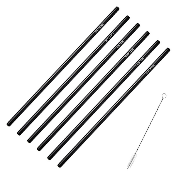 6 ruostumattomasta teräksestä valmistettua pilliä, uudelleenkäytettävät metallipillit juomalaseihin, kuppeihin, mukeihin ja kylmiin juomiin black