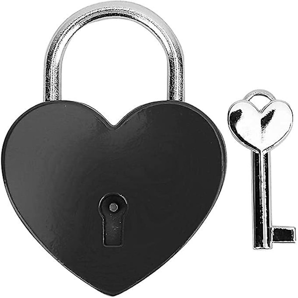Hjärtformad metallås med nyckel Färgglad utsökt hänglås för hushålls smyckeskrin förvaringslåda dagbok 45x59mm, klädtillbehör Black