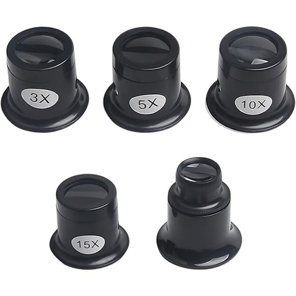 5 stycken juvelerarluppar, förstoringsglas av aluminiumlegering, luppset, 3X, 5X, 10X, 15X, 20X, lämplig för smyckesreparation