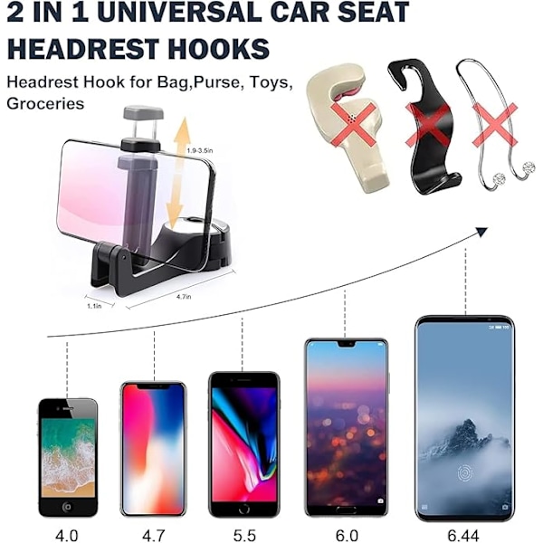 2 stycken bilbaksätesskydd och krokar, universell multifunktionssäte 2 i 1 bilstolskrok med mobiltelefonhållare 360°