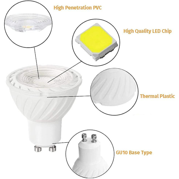 Cob Led-lampa Gu10 Kall vit färg 6000k, 5w 38 strålvinkel, halogen 45w motsv. 450lm Ej dimbar, spotlight-lampa (förpackning om 8) [energiklass A+]