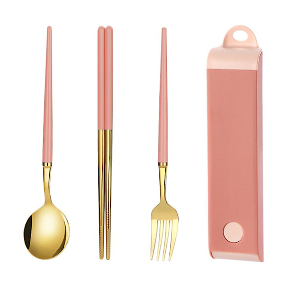 Gjenbrukbart reisesett med bestikk i rustfritt stål med etui, bærbar matboks for camping og kontor pink