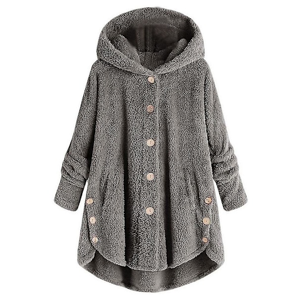 Kvinnors vintervarma fluffiga överrock knappjacka toppar lös huva ytterkläder 5XL D