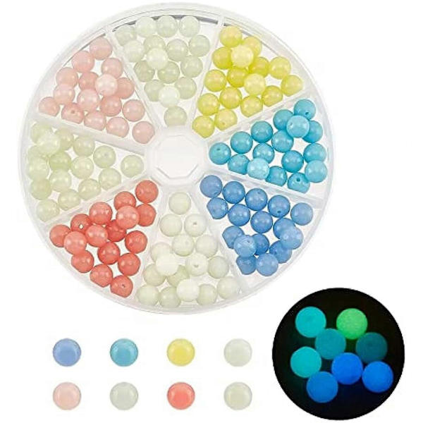 128 stk. 8 Farver Naturlige Selvlysende Stenperler 7,5~8 mm Farvede Ædelstensperler Runde Stenperler Selvlysende Afstandsperler til DIY Armbånd Halskæde Smykker