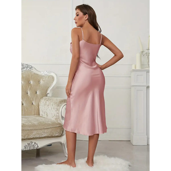 Solid Satin Slip Nattlinne, Elegant V-hals Rygglös Spaghetti Rem Nattklänning, Dam Sovkläder & Klänningar Pink M