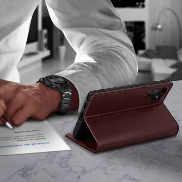 Folio Aitoa Nahkaa Galaxy Note 10 Plus Kotelo Korttipidike Videoteline Punainen Brown