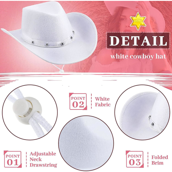 6-pack vit cowboyhatt Bulk Western Plain Cowboyhattar Diy Texan Cowgirl Party Hatt Med Justerbar Hals Dragsko För Bröllopsfest Scenuppträdande