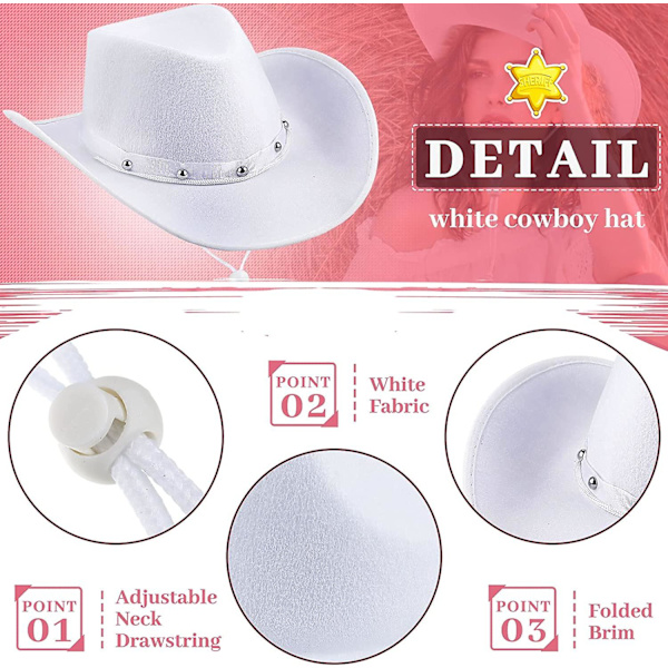 6 Pak Hvide Cowboyhatte Bulk Western Almindelige Cowboyhatte DIY Texan Cowgirl Partyhat Med Justerbar Hals Snøre Til Bryllupsfest Sceneoptræden