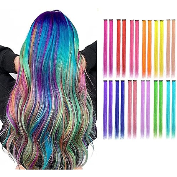 Färgade extensions clip in för flickor 24 st 22 tum regnbågshår clip in flerfärgade party highlights syntetiska hårförlängningar för barn (22 tum 12 färger)