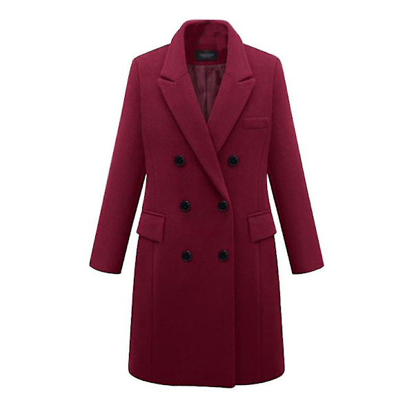 Kvinnors Dubbelknäppta Peacoat Krage Vinter Klassisk Filt Lång Jacka 3XL Wine Red
