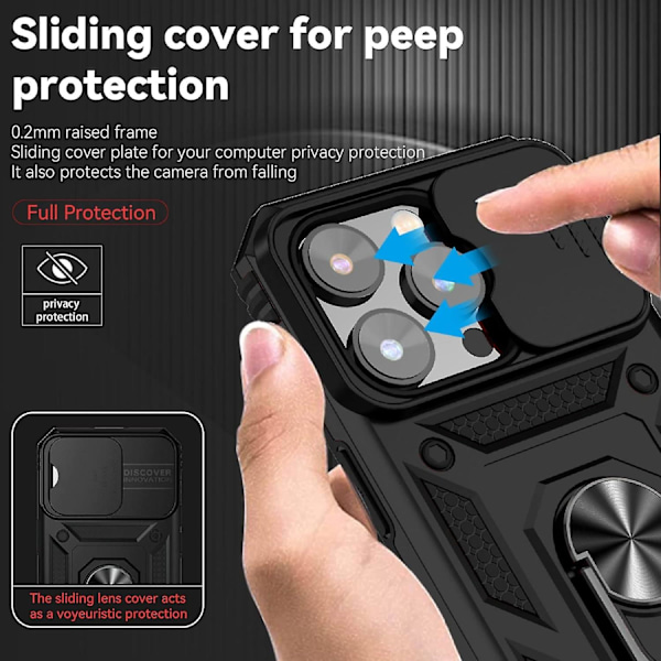 Armor-kotelo iPhone-jalustalle, jossa liukukameran suojus ja jalusta, sotilastason kestävä suojaus magneettipidikkeellä iPhone12PRO MAX -puhelimelle (musta)