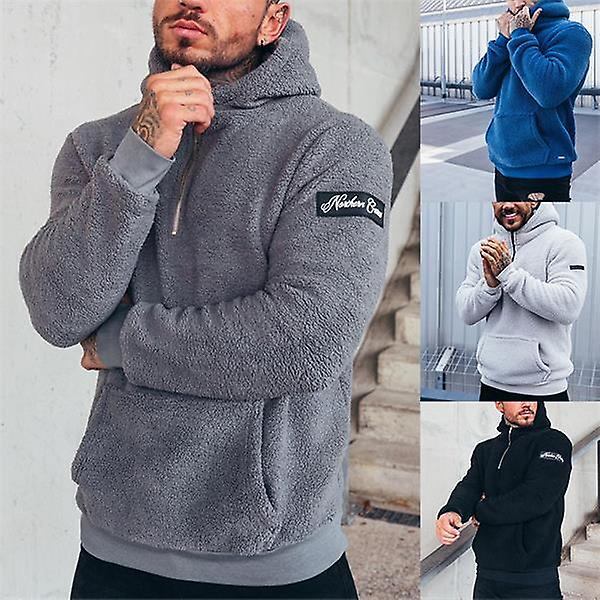 Mjuk Teddy Hoodie Fuzzy Fleece Dragkedja Pullover Jacka Med Fickor Black 2XL