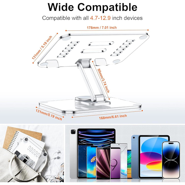Akryl Tablet Stand Holder med 360 Graders Roterende Base, Foldbar Justerbar Transparent Tablet Holder til Skrivebord Hjem, Kompatibel med iPad Pro Air Mini