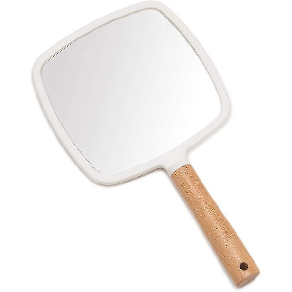 Handhållen spegel med för smink, liten söt trähandspegel för rakning med hålhängande ensidig bärbar resespegel för mänw Square*white
