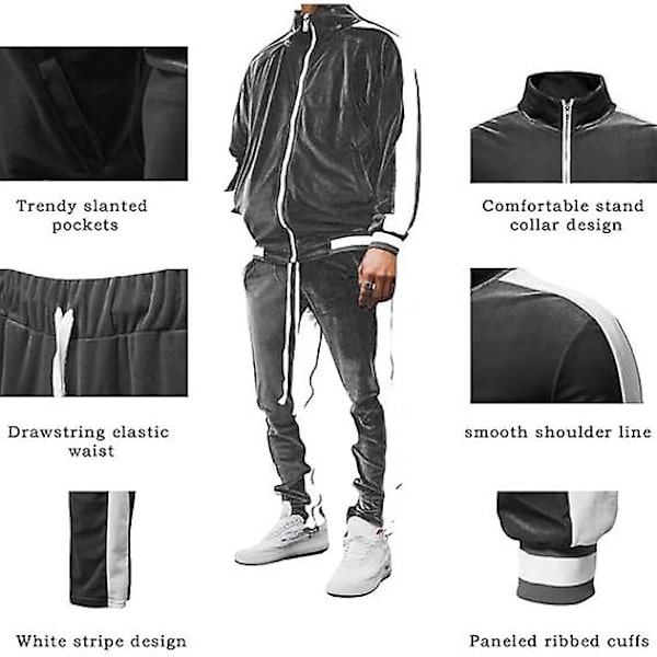 Mjukisdress i sammet för män, avslappnad jacka och byxor Grey M