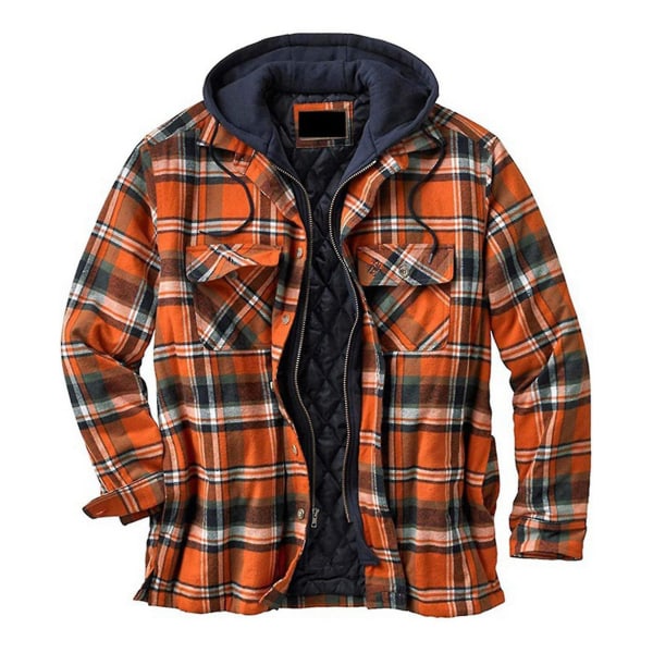 Quiltad tjock rutig långärmad lös jacka herrhuvtröja quiltad fodrad flanell huva full-zip skjorta jacka XXXL Orange