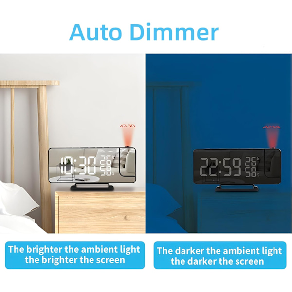 Projektionsväckarklocka med radio, digital spegelklocka med temperatur- och luftfuktighetsdisplay, justerbar ljusstyrka, dubbla alarm, snooze