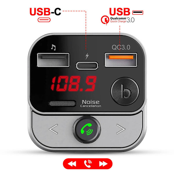 FM-sender Bluetooth bil med dobbelt USB-musikopladning, sort