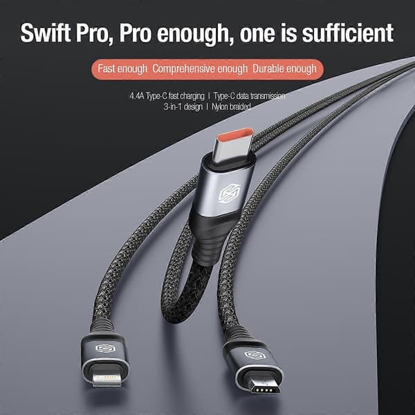 Swift Pro USB-A - USB-C / Lightning / micro-USB 3-in-1 punottu kaapeli 1,5 m, musta