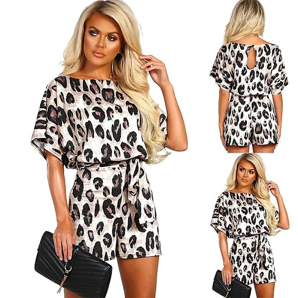Sommerlige, avslappede jumpsuiter for kvinner, jumpsuiter med korte ermer Leopard M