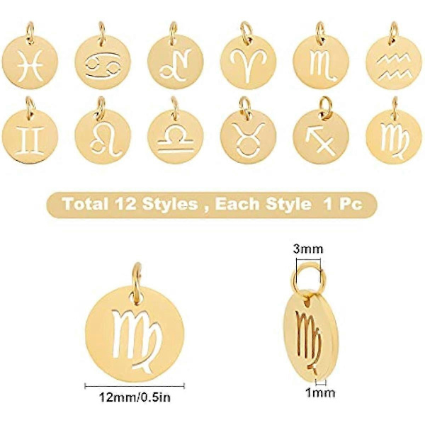 [STØRRELSE]: Runde stjernetegn charms ca. 12 mm i diameter, 1 mm tykke, hul: 3 mm, 12 stjernebilleder, 1 stk./stjernebillede, beholder ca. 7,4x7,2x1,7 cm.