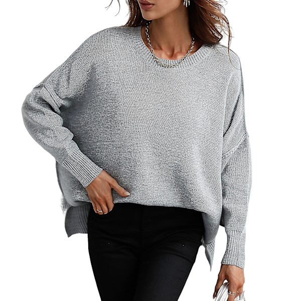 Genser for kvinner, avslappet ribbestrikket pullovertopp for skole, kontor, avslapning, hverdagsbruk XL Light Gray