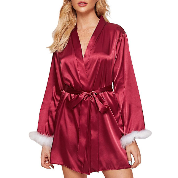 Silkeagtige kimono-morgenkåber til kvinder med plys, brudepiger, brud, satin badekåbe Red XL