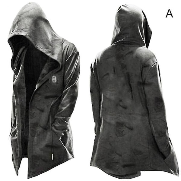 Trendy hætteklædt herre trenchcoat med Halloween-tema printet til cosplay kostumer fest M Black A