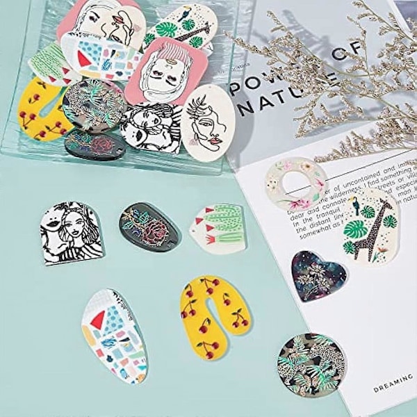 12 Stilar Cellulosa Acetat Hartsberlocker Stora Berlocker 24st Rosblomma Hjärta Tåre Rektangel Donut Hartsberlocker 3D-Prinsade Stora Blomberlocker fo