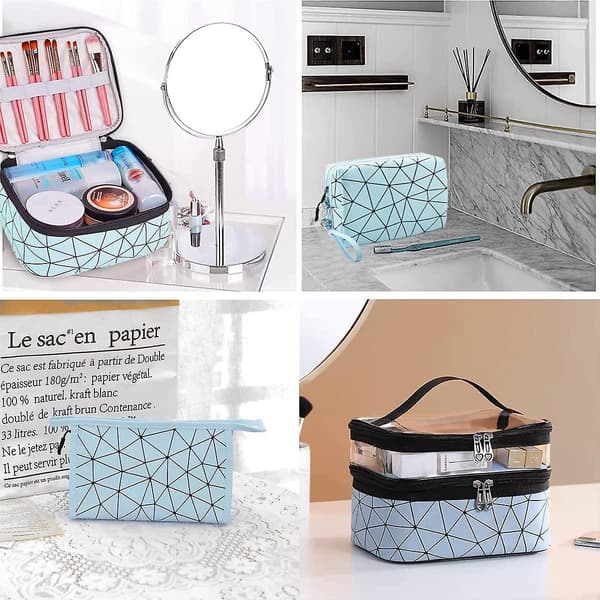 Makeup-väska set, dubbel lager genomskinlig makeup-organisationsväska med 2 stora kosmetiska väskor, 3-pack rese-makeup-väska blue
