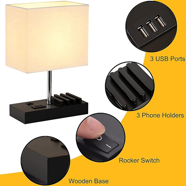 Bordlampe med USB-ladeport, telefonstativ, moderne USB-nattbordslampe for soverom