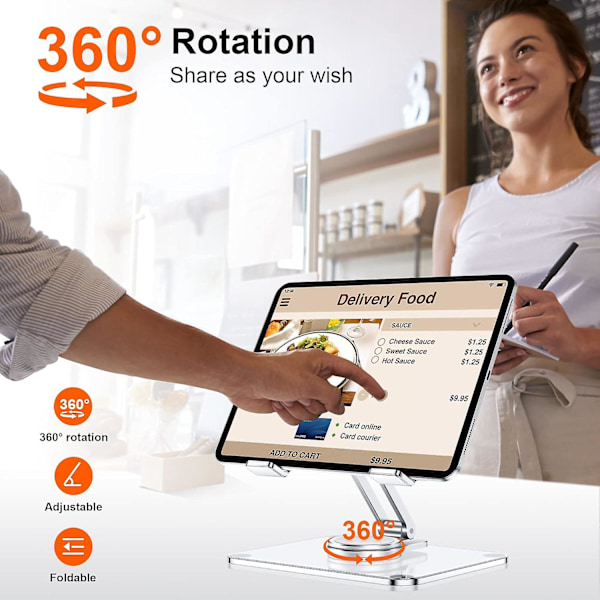 Akryl Tablet Stand Holder med 360 Graders Roterende Base, Foldbar Justerbar Transparent Tablet Holder til Skrivebord Hjem, Kompatibel med iPad Pro Air Mini