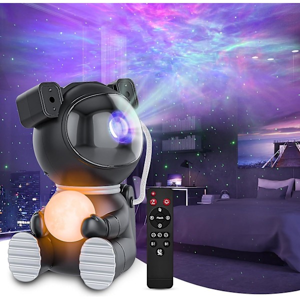Astronaut Lysprojektor, Galakseprojektor til Soveværelse, Stjerneprojektor med Månelampe, LED Nebula Natlampe til Børn sort