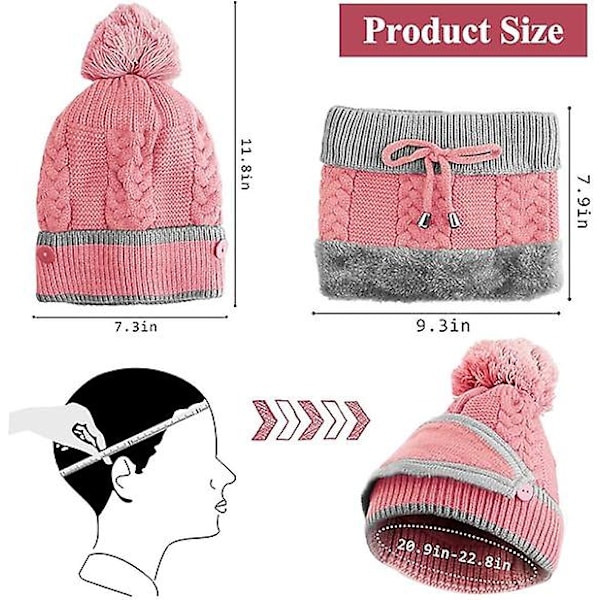 Skjerfsett for kvinner, rosa strikkede vinterluer med dusk, tykke termiske jenter dame lue halsvarmer sett for julebursdagsgaver