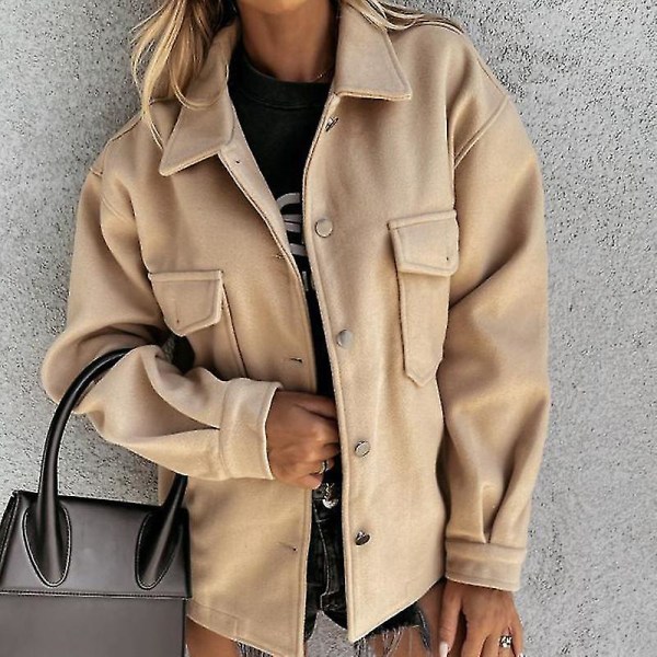 Høst/vinter Frakk med jakkeslag, brystlomme, enkeltspent, tykk ensfarget skjorte 2XL Khaki