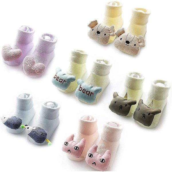 Sonarin 6 Paris Toddler Flickor Pojke Anti-halk Golvstrumpor Baby Tofflor Strumpor Dimensionell Cartoon Baby Flickor Anti-halk Bomullsstrumpor Djurdocka 0-6 Månader A M(6-18 Months)