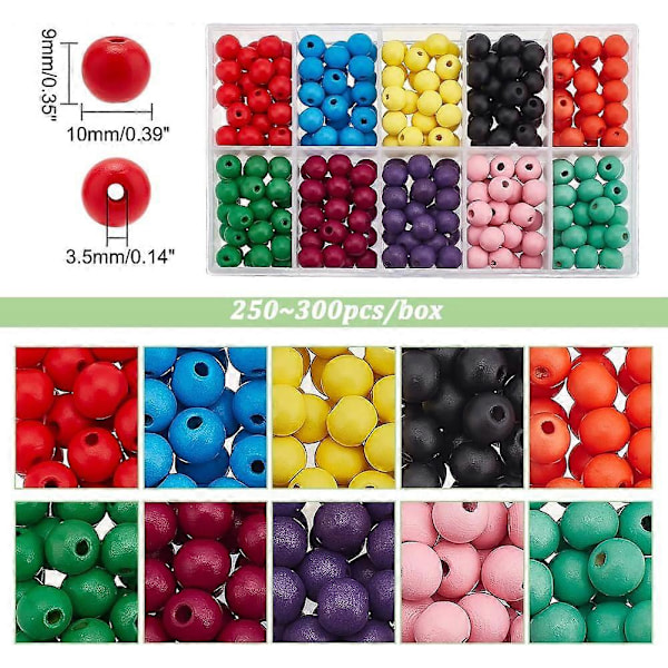 250 st 10mm Färgade Träpärlor Färgade Träpärlor 10 Färger Stora Hål Lösa Träpärlor för Påsk DIY Hantverk Smyckestillverkning Makramé Hemfest Dekoration