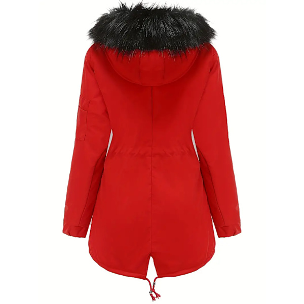 Varm hettejakke med fluffy kant, avslappet langermet vinterjakke med snøring, dameklær Red 4XL