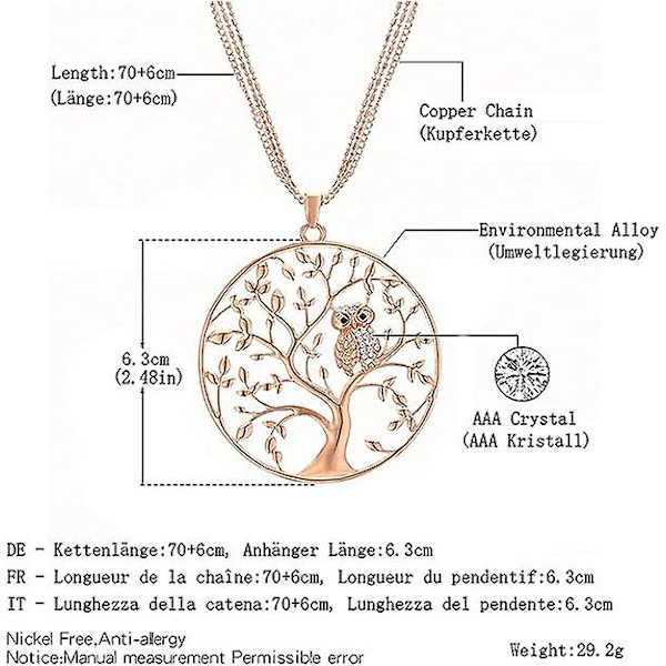 Lång Halsband För Kvinnor, Livets Träd Med Uggla Hänge Halsband För Flickor Halsband Med Kristallkedja Halsband