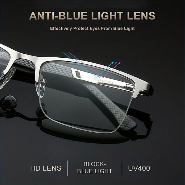 Affärsläsglasögon för män Halvbåge Anti-blått Ljus Fjärrsynt Anti-trötthet Högkvalitativa metallbågarglasögon 350 degree