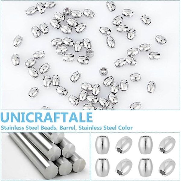 80 stk. tønneperler i rustfritt stål, løse perler i rustfritt stål, 2 mm små hull, runde perler, hule kuleperler i metall, fallskjermsnorperle for smykker