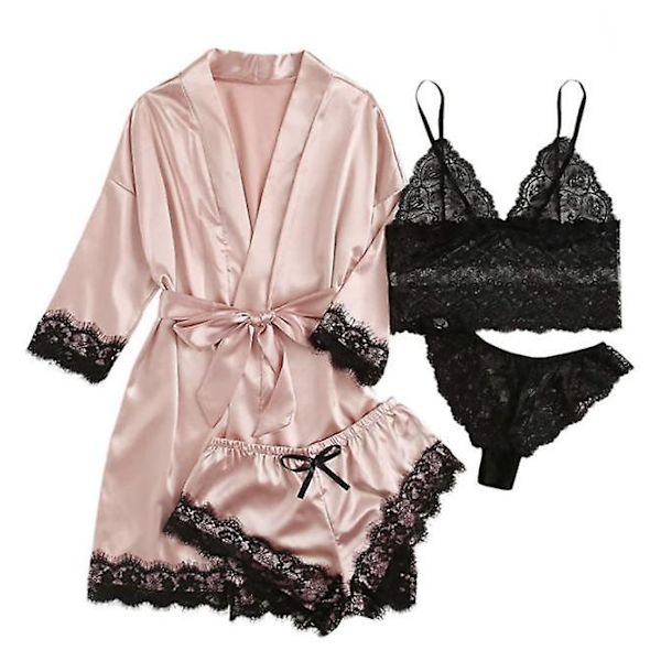 Dame 4-delt Pyjamas Satin Pyjamas Sett Med Morgenkåpe Pink M