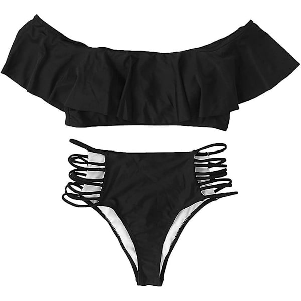Naisten röyhelöinen olkapäät paljastava seksikäs uimapuku, kaksiosainen bikini Black L